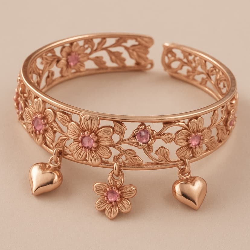 Rose gold bracelet with intricate floral patterns